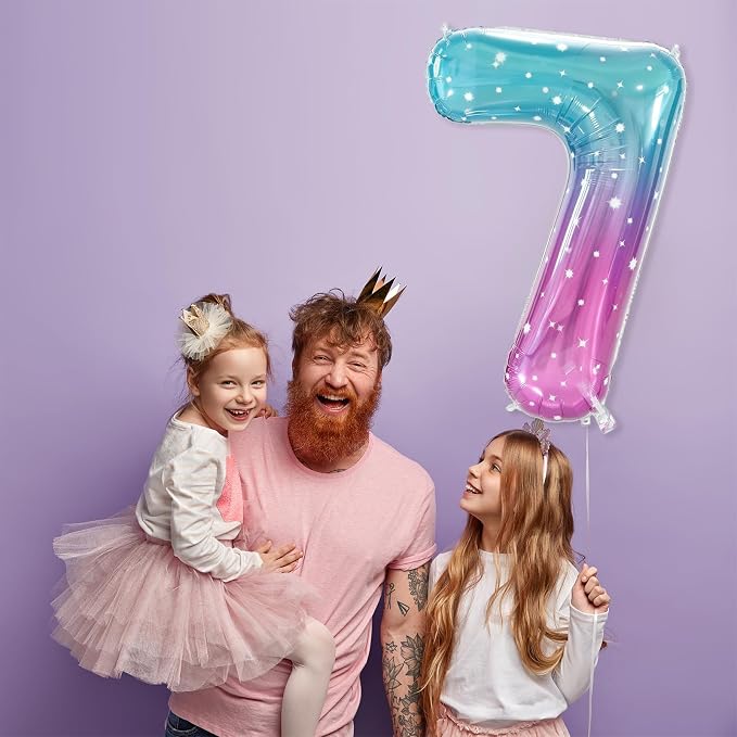 Number 7 Foil Balloon with Crown, 40-Inch Gradient | Gradient star print number - Image 3