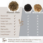 RUWISS Large Messy Bun Hair Piece 100% Human Hair Layered Wavy Curly Hair Buns Hair Piece for Women Thick Updo Hairpiece for Daily Wear Real Hair Ponytail Extension (Brown with Warm Blonde Highlights)