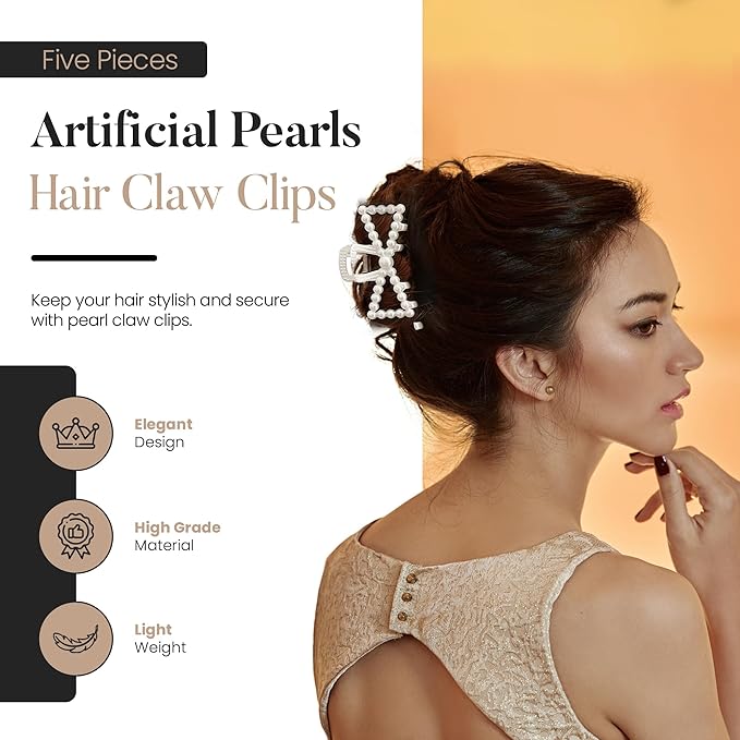 5 PCS Simulated Pearl Hair Claw Clips for Women | Multi-Use Barrettes for Thin Hair with Non-Slip Strong Hold | Barrettes for Thick & Curly Hair Accessories | Flat Claw Clips for Women, Off-White