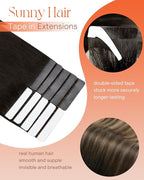 Sunny Hair Tape in Hair Extensions Real Human Hair Invisible Remy Hair Extensions Tape ins for Women Natural Black Ombre Dark Brown Balayage Ash Blonde 24 inch 25G