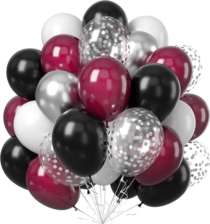 Balloons Burgundy Black Silver, Wine Red Black Party Balloon Maroon Metallic by Unknown