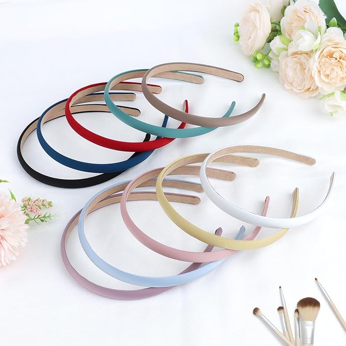 Wecoe Multicolored Narrow Satin Headbands, 10pcs Non Slip Fashion Hair Bands for Women & Girls' Hair - Holiday & DIY Costume Accessories
