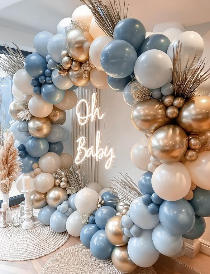 Dusty Blue and Gold Balloons, Baby Blue White Champagne Gold Balloon | 50 Pcs - Image 2