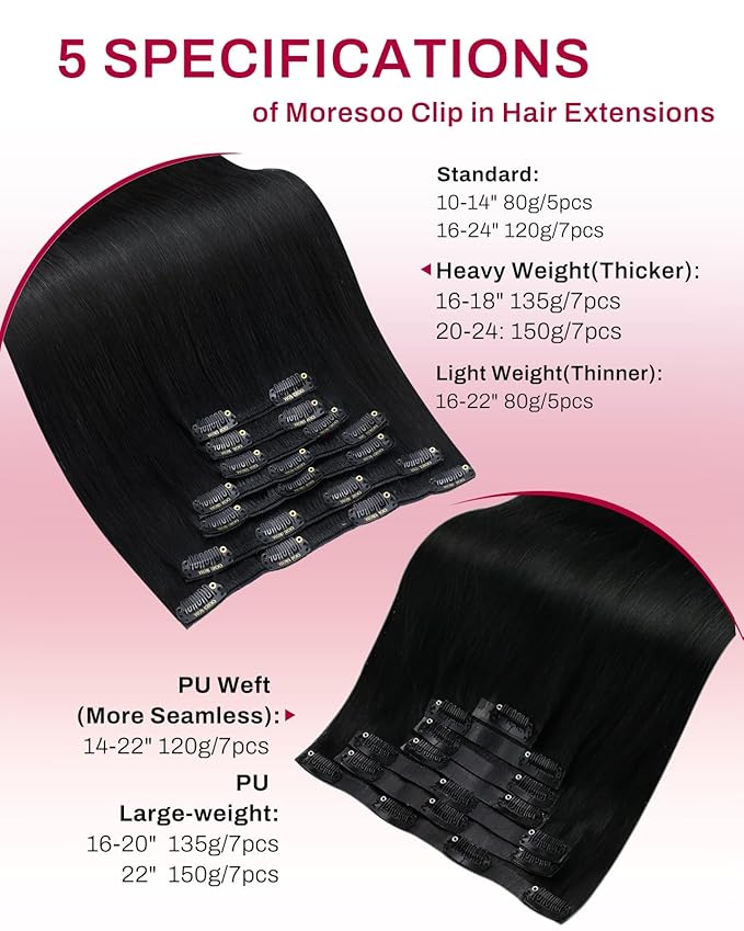 Moresoo Real Hair Extensions Clip ins Human Hair Black Double Weft Clip on Extensions Human Hair Jet Black Remy Clip in Hair Extensions Real Human Hair Full Head Set 7pcs/150g 22inch