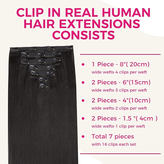 Lashey Clip in Hair Extensions Human Hair Light Yaki Straight 14 Inch 7pcs 120g Human Hair Natural Black Hair Extensions Clip in Extensions Real Human Hair for Women