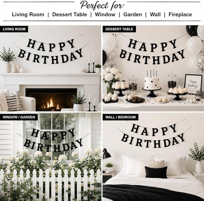 Happy Birthday Banner Black Glitter Birthday Party Banner Pre-Strung | Happy - Image 4