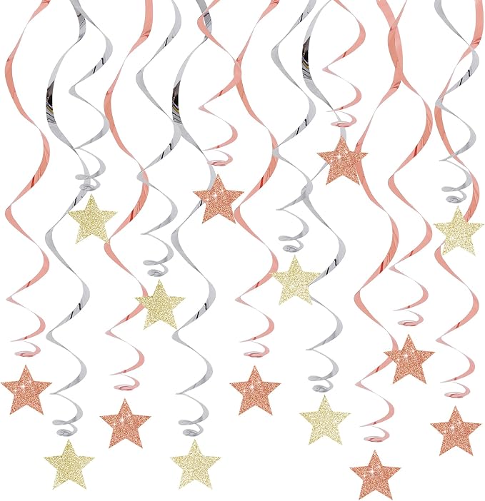 BEISHIDA Rose Gold and Silver Glitter Stars Hanging Swirls Pre-Strung Hanging by Beishida