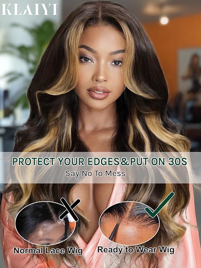 KLAIYI Ombre Highlight Blonde Loose Body Wave Bye Bye Knots Glueless Wigs Human Hair 7x5 Precut Lace Front Pre Plucked Bleached Ready to Wear Go Wig with Face Framing Curtain Bang Caramel Brown 16Inch