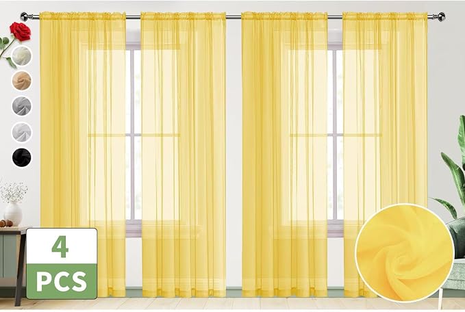 SpaceDresser Yellow Sheer Curtains 4 Panels Rod Pocket Semi-Sheer Curtain 96 - Image 2