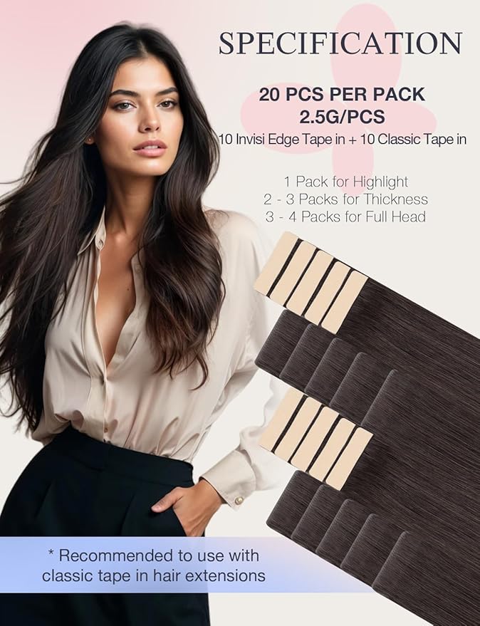 DOORES Invisible Tape in Extensions Human Hair Invisi Edge, Dark Brown 10 Injection Tape-ins with 10 Classic Tape-ins 50g 22 Inch, Injected Tape in Extensions Virgin Human Hair