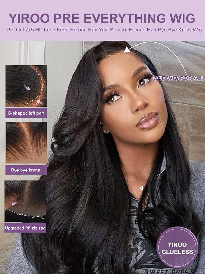 Yiroo Light Yaki Straight Wig Human Hair with Side Swept Bangs,7x5 Lace Front Bye Bye Knots Glueless Wig Human Hair Pre Plucked Pre Cut,Elastic Drawstring Wear and Go Wig for Women 150% Density 20Inch