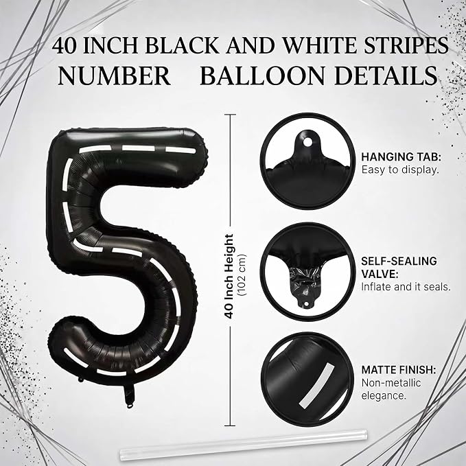 Black and White Stripes Number 5 Balloon 40 Inch, Foil road sign Numeral | - Image 4