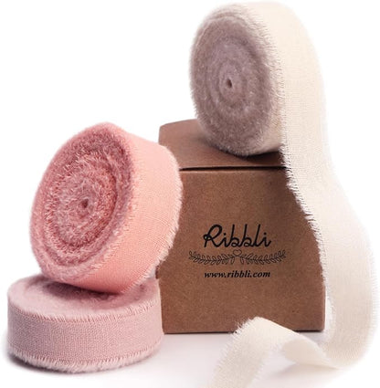 Ribbli 3 Rolls Pink Ribbon 5/8 Inch x 18Yards Ivory Blush Dusty Pink Handmade by Ribbli