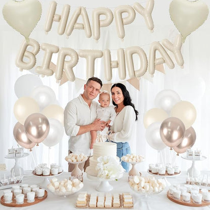 Happy Birthday Balloon Banner Cream, 16 Inch Beige Mylar Letters Heart Foil - Image 5