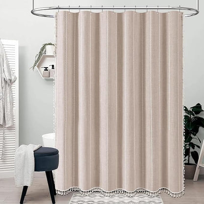 72 x 90 Boho Linen Heavy Duty Cloth Shower Curtain Set, Tan/Taupe | Extra Long - Image 6
