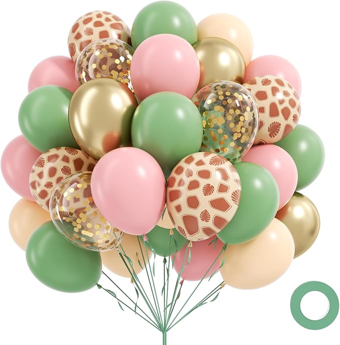 12inch Safari Balloons with Green Pink Nude Metallic Gold Confetti Balloons | by Vicduotex