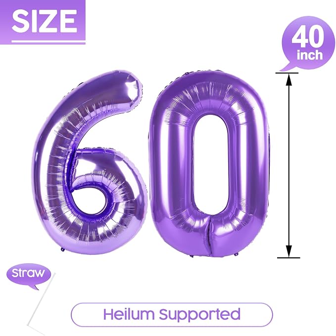 60 Balloon - Purple Birthday Number Balloons, 40 Inch Decorations Men Women | - Image 5
