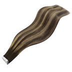 YoungSee Human Hair Tape in Extensions Brown Balayage Tape in Hair Extensions Real Human Hair 16 Inch Dark Brown Ombre Blonde Hair Extension Tapes in 20pcs Invisible Tapein Hair Extension 50g
