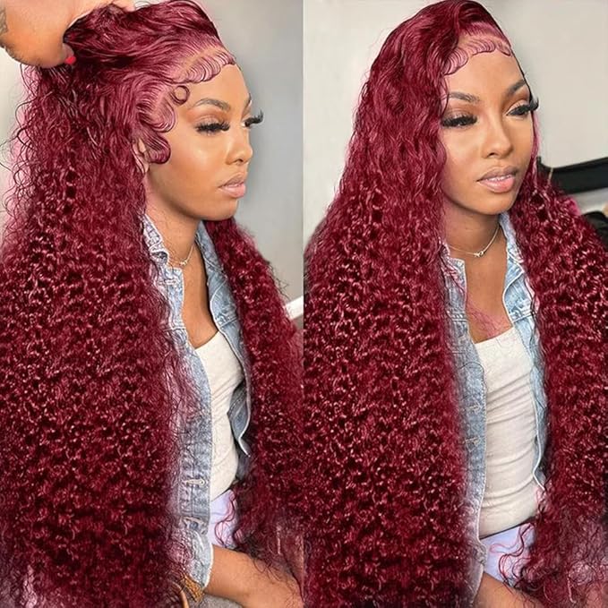 34 Inch 99J Burgundy 13x6 Lace Front Wigs Human Hair Red Burgundy Wig 200% Density Deep Wave Lace Front Wigs Human Hair Pre Plucked Glueless Lace Frontal Wigs for Women
