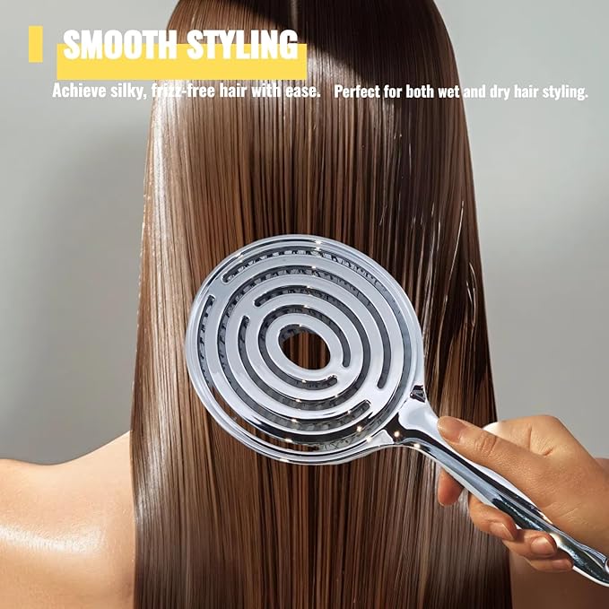 Vented Hair Brush Wet Dry Hair Brush for Quick Flat Blow Drying with Natural Boar Bristles Elastic Scalp Massage Brush Double Layer Design for Smooth Hair（Chrome Silver）