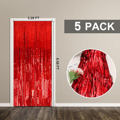 5 Pack Foil Curtain Backdrop Red Metallic Tinsel Foil Fringe Curtains Photo - Image 7