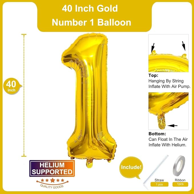 2Pcs Gold Foil 40" Number 1 and 26" Script Letter One Balloon Set | Large Gold - Image 2