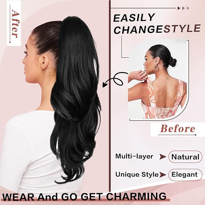 Ponytail Extension, Drawstring Ponytail Extension for Women Long Black Wavy Pony Tails Hair Extensions Synthetic Clip in Ponytail Hairpiece for Women (23 Inch)