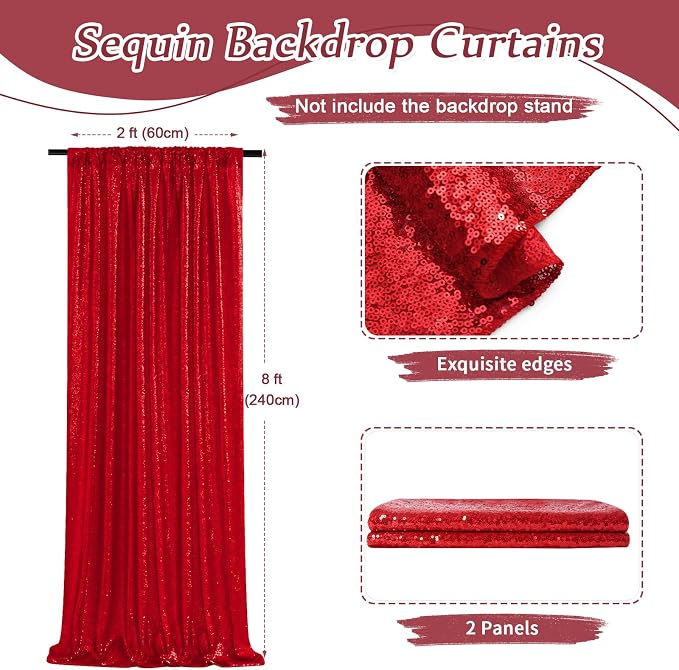 Red Sequin Backdrop Curtains-2 Panels 2FTx8FT Red Backdrop - Image 3