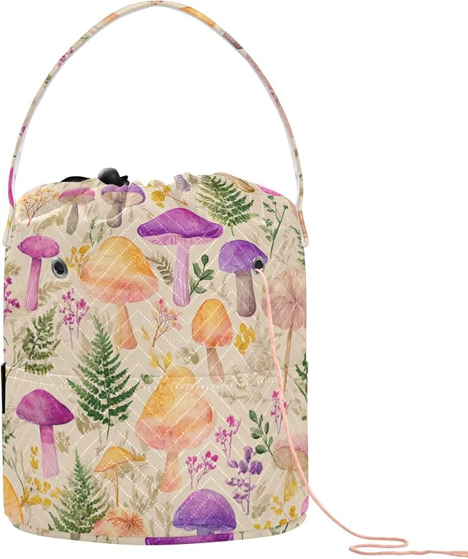 Mushroom Colorful Pattern Yarn Bag Small Crochet Bag Drawstring Yarn Storage by Tatenale