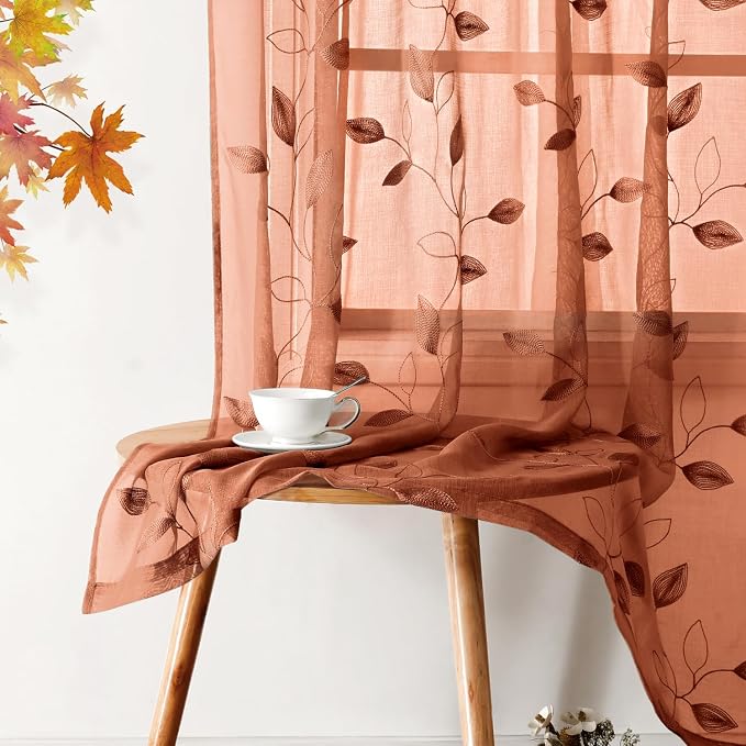 HOMEIDEAS Fall Burnt Orange Sheer Curtains 96 Inches Long 2 Panels Embroidered by HOMEIDEAS
