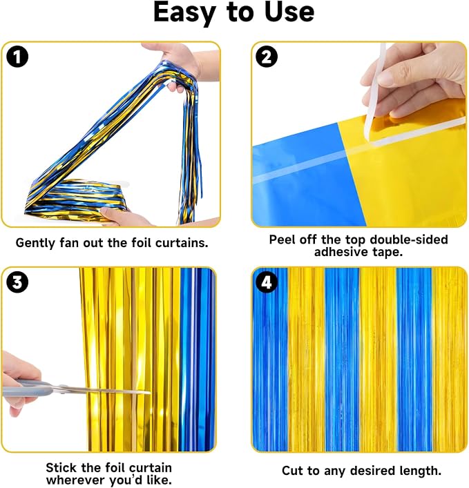 jijAcraft Blue Gold Tinsel Foil Fringe Curtain, 3 Pack 3.2x6.5 Feet Graduation - Image 3