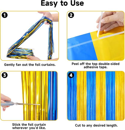 jijAcraft Blue Gold Tinsel Foil Fringe Curtain, 3 Pack 3.2x6.5 Feet Graduation - Image 3