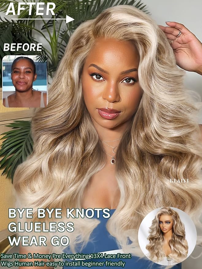 KLAIYI Ombre Ash Blonde Loose Body Wave Pre Everything Glueless 13x4 Lace Front Wigs Human Hair Balayage Precut Pre Plucked Bleached Bye Bye Knots 30S Ready to Wear and Go Wig Beginner Friendly 18Inch