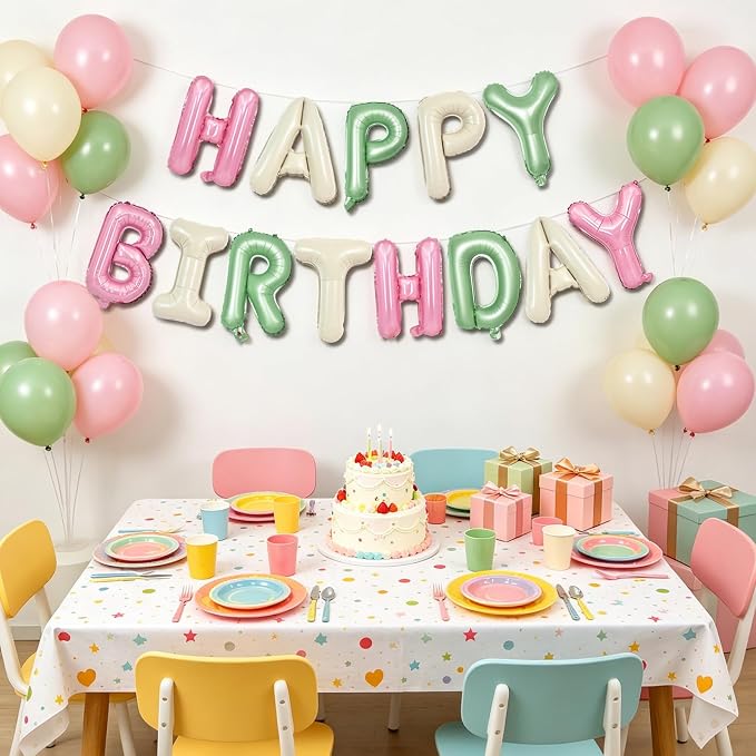 TONIFUL 16 Inch Pink Cream Sage Green Happy Birthday Foil Balloons | Neutral - Image 3
