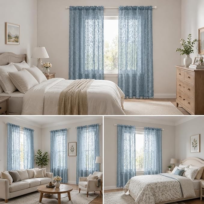 WAZZIO Boho Lace Curtains 2 Panels 63 Inch -Victorian Sheer Panel Drape French - Image 9