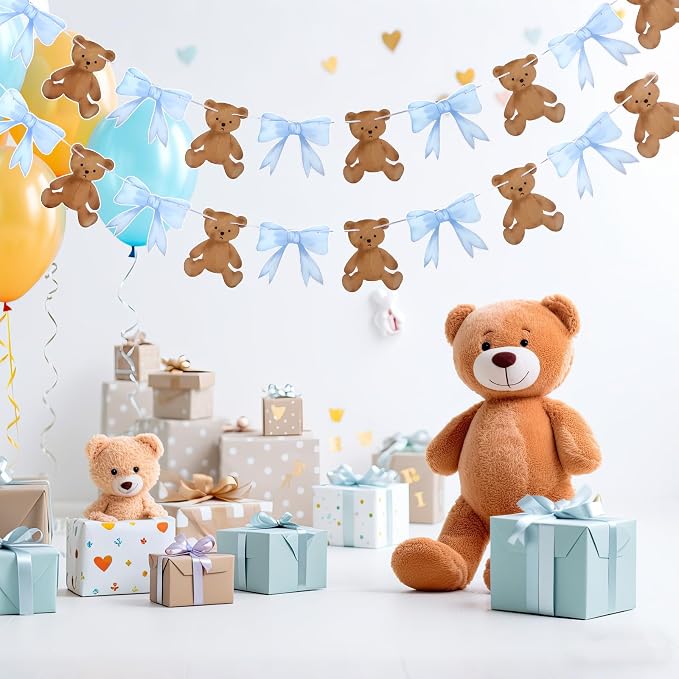 2 Pcs Blue We Can Bearly Wait Banner 6.56 ft Bear Theme Baby Shower Decorations - Image 6