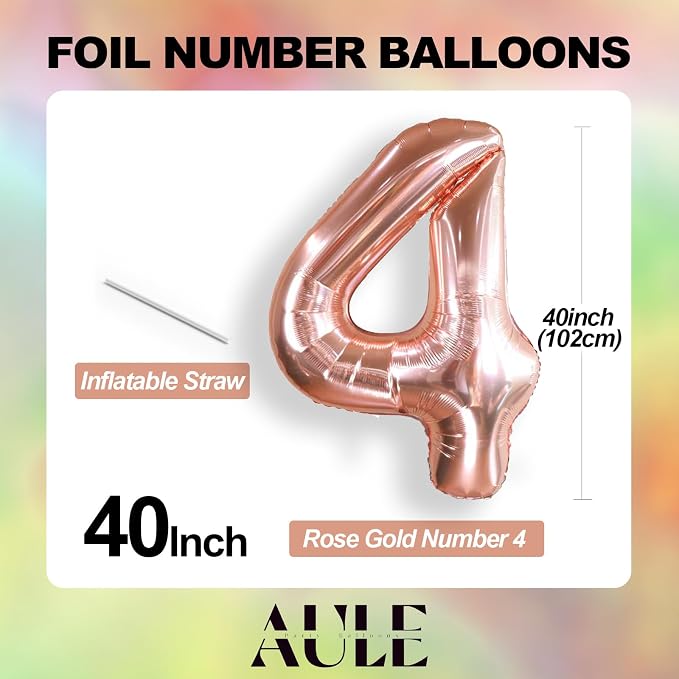 AULE 40 Inch Rose Gold 4 Balloon Number Foil 0-9 Birthday Big Numbers | - Image 3