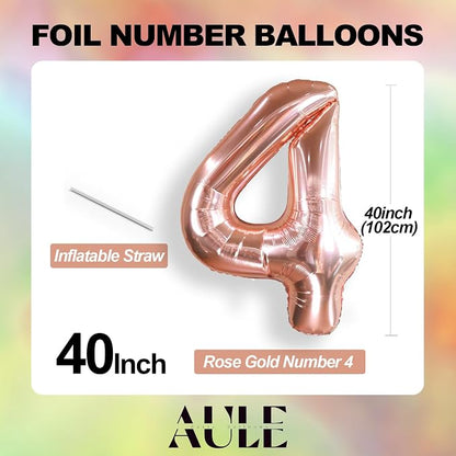 AULE 40 Inch Rose Gold 4 Balloon Number Foil 0-9 Birthday Big Numbers | - Image 3