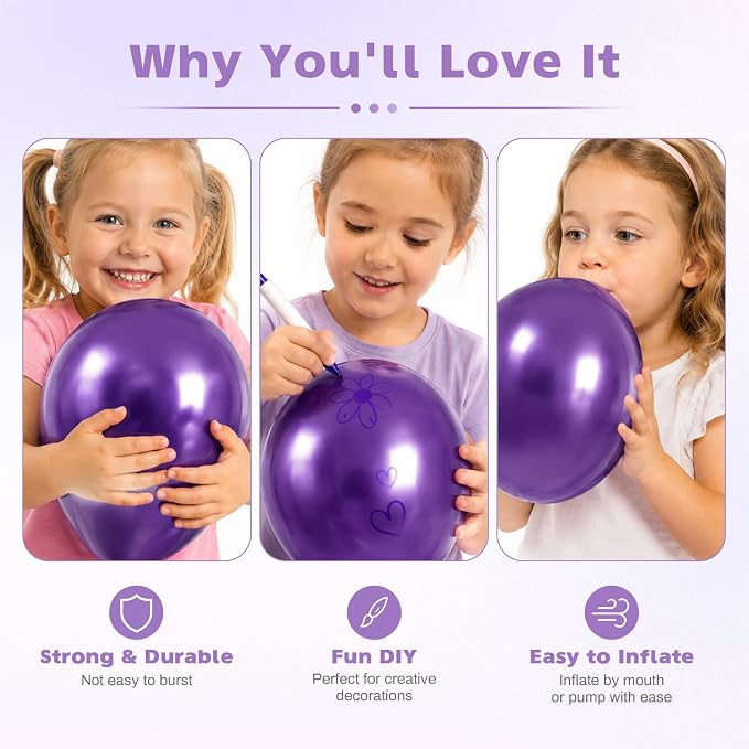 Metallic Purple Balloons, 12 Inch Chrome Purple Latex Party Balloon | 30 Pack - Image 3