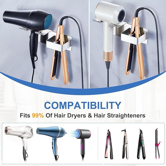 Hair Dryer Holder Wall Mounted, Hair Straightener Holder Stainless Steel, Adhesive Blow Dryer and Hair Straightener Holder, Bathroom Bedroom Hair Tool Organizer for Flat Iron,Curling Iron,Hairdryer