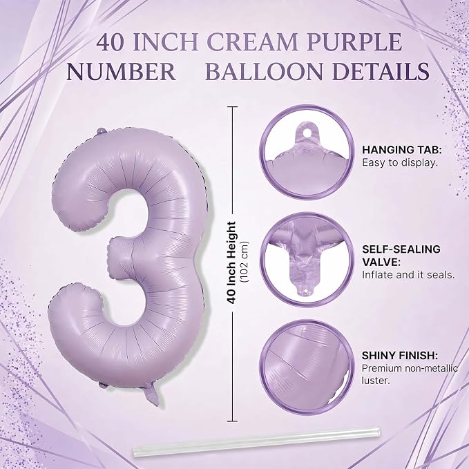 Cream Purple Number 3 Balloon 40 Inch, Foil Numeral - Image 4