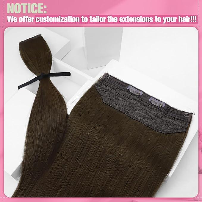 YoungSee Wire Extensions Real Human Hair Brown Wire Hair Extensions Real Human Hair Brown Fish Line Hair Extension for School 80g 16 Inch