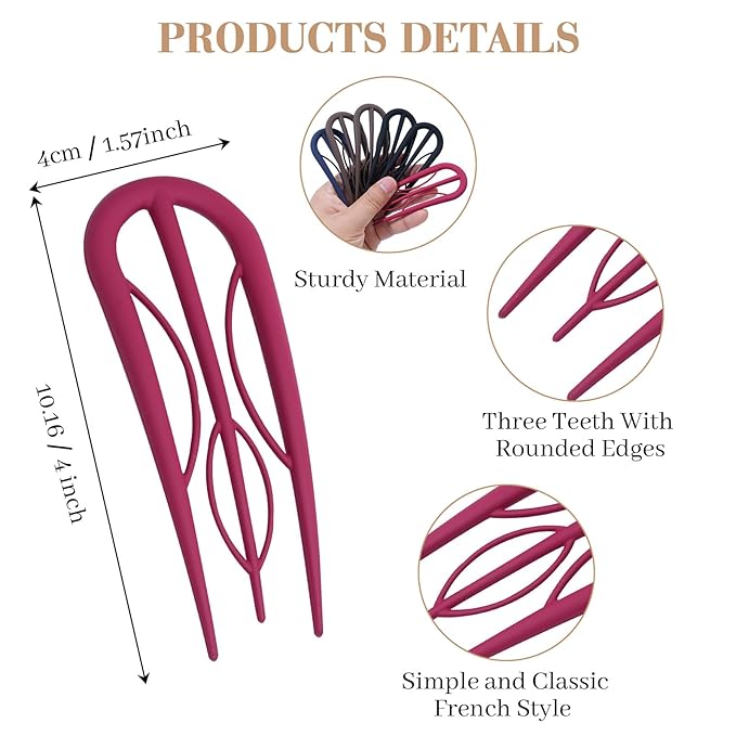6 PCS French Hair Pins for Women - Large U-Shaped Hair Forks with Internal Teeth, Strong Hold for Thick & Thin Hair, Effortless French Twists, Updos, Buns & Chignons, Hairstyle Accessories