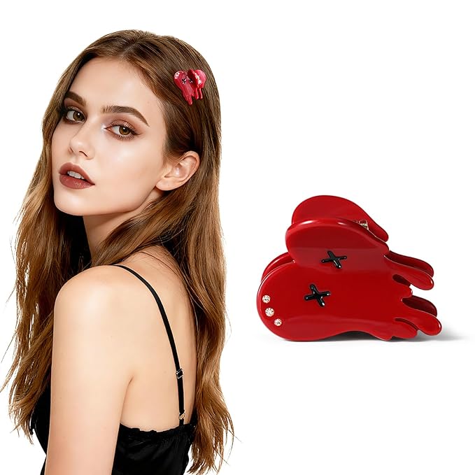 Italian Designed Original Mini Hair Claw Clips for Women - Red Bloody Heart, Handmade Cute Gothic Spooky Hair Accessories, Nonslip, Plant-Based Acetate, Gift Boxed