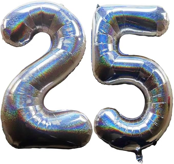 Laser Silver Number 25 Balloons 40 Inch Giant Number Silver 25 Foil Mylar by COLORFULELVES