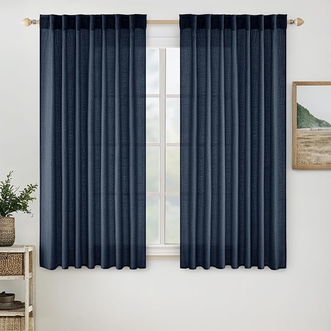 MIULEE Navy Blue Linen Curtains 52x63 Inch 2 Panels by MIULEE
