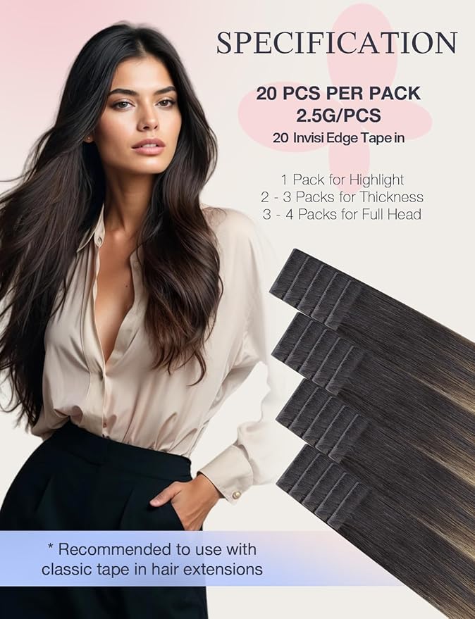 DOORES Invisi Edge Hair Extensions Real Human Hair Tape in, Dark Brown to Dirty Blonde 10 Injection Tape-ins with 10 Injection Tape-ins 50g 14 Inch, Injected Tape in Extensions Straight