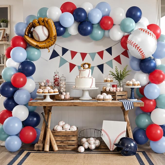 Baseball Balloons, 12 Inch Navy Blue Red White Light Dusty Blue Balloons - Image 4