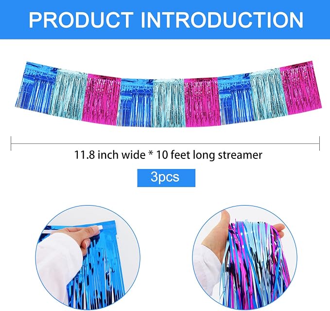 BEISHIDA Blue Fuchsia Fringe Garland Banner 30ft Wall Tinsel Foil Streamers | - Image 3