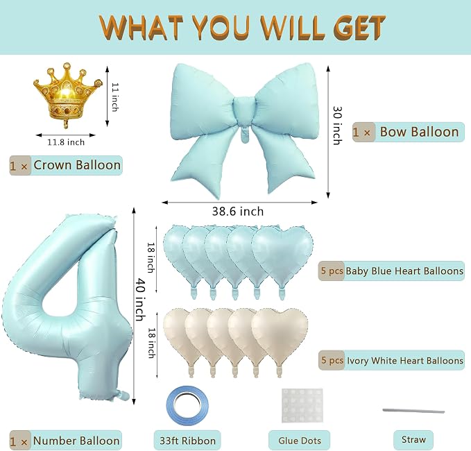 LilyZheng Pastel Blue Number 4 Foil Balloon & Bow Set, 4th Birthday Decorations - Image 2